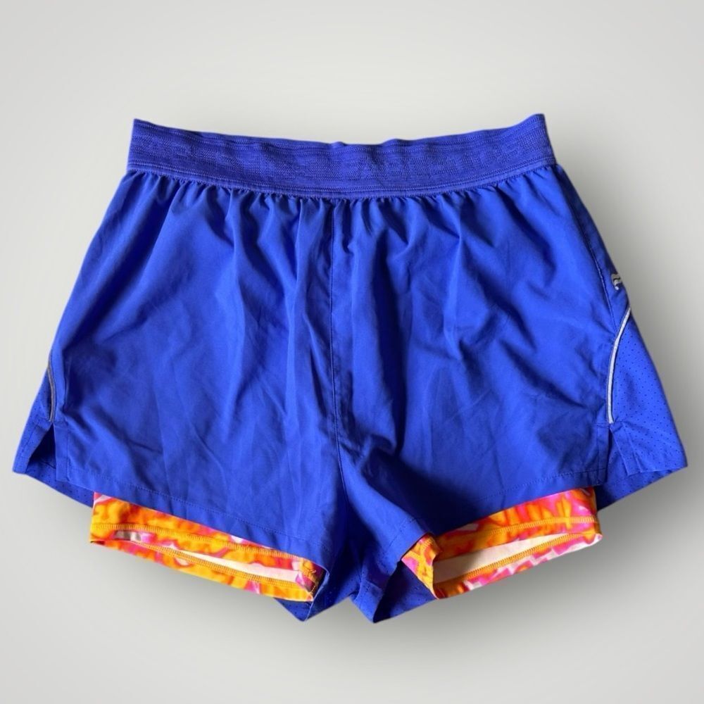 Fabletics Royal Blue Athletic Shorts with Orange-Pink Liner
